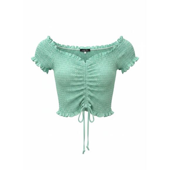 Rue21 Tops - Rue21 Mint Green Smocked Ruched Off the Shoulder Crop Top Women's Size S